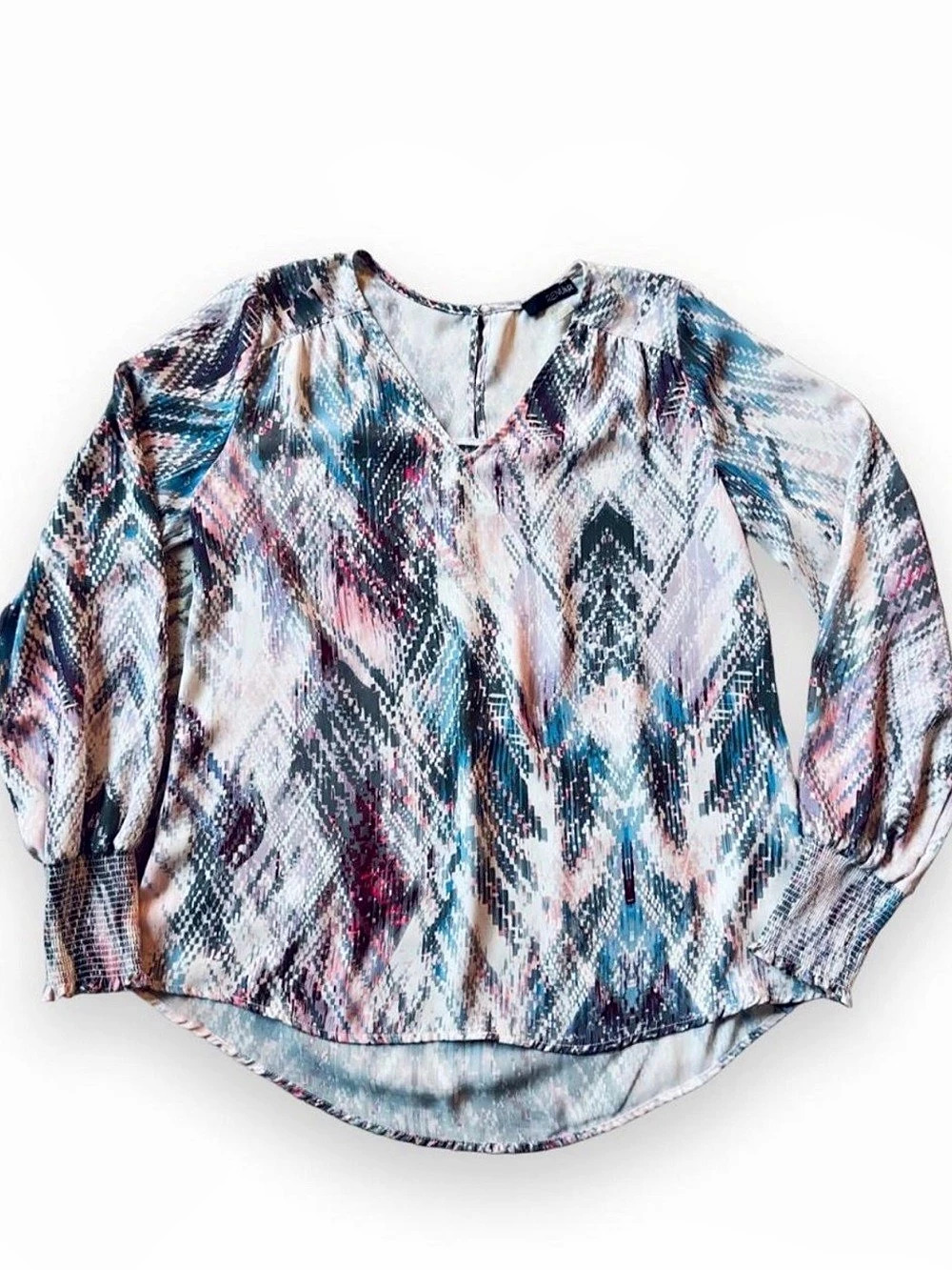 RENUAR Geometric Long Sleeve Blouse in Blue & Pink Size XS